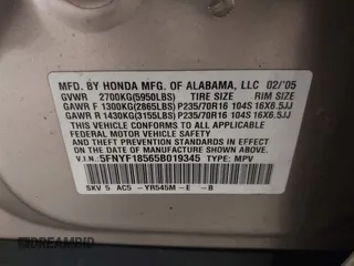 2005 Honda Pilot EX-L with VIN 5FNYF18565B019345, listed as a IAAI auction lot 41641423 with 282,099 mi miles. Bid and sale history available at carsss.com. Image 9.