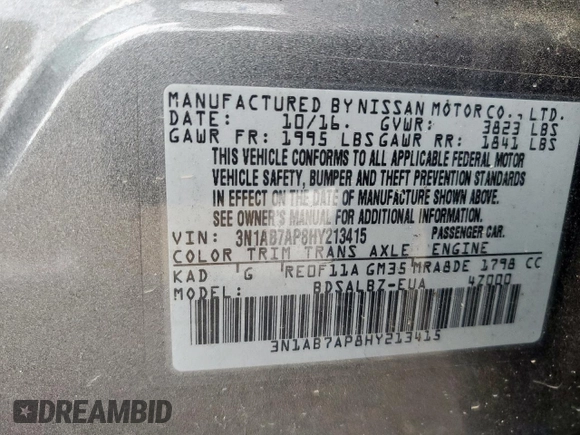 2017 Nissan Sentra SV z VIN 3N1AB7AP8HY213415, wystawiony jako Copart lot #61082665 z przebiegiem 105 406 mil mil oraz Czysty tytuł • Clean title. Historia ofert i sprzedaży dostępna na DreamBid. Obrazek 12.