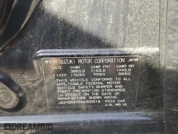 2010 Suzuki SX4 Touring with VIN JS2YB5A70A6300518, listed as a Copart auction lot 45526315 with 161,090 mi miles and Salvage Title. Bid and sale history available at carsss.com. Image 12.