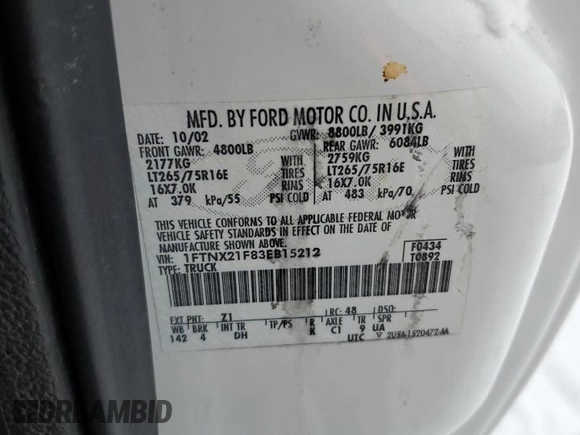 2003 Ford Super Duty F-250 XL with VIN 1FTNX21F83EB15212, listed as a Copart auction lot 84465514 with 0 mi miles and Clean Title. Bid and sale history available at carsss.com. Image 12.
