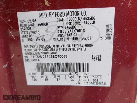 2005 Ford F-250 XL with VIN 1FTSW21P45EC40063, listed as a IAAI auction lot 42808087 with 191,715 mi miles and . Bid and sale history available at DreamBid. Image 9.