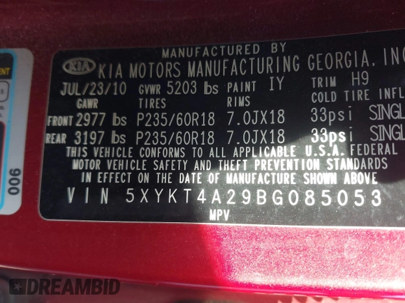 2011 Kia Sorento LX with VIN 5XYKT4A29BG085053, listed as a IAAI auction lot 41390173 with 258,761 mi miles. Bid and sale history available at carsss.com. Image 9.