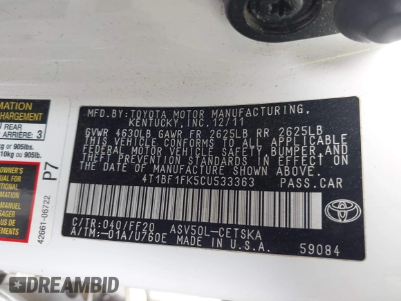 2012 Toyota Camry L with VIN 4T1BF1FK5CU533363, listed as a IAAI auction lot 42128577 with 1 mi miles. Bid and sale history available at carsss.com. Image 9.