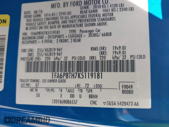 2019 Ford Mustang EcoBoost with VIN 1FA6P8TH7K5119181, listed as a IAAI auction lot 42531504 with 80,292 mi miles and . Bid and sale history available at DreamBid. Image 9.