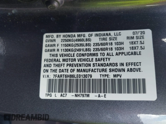 2020 Honda CR-V EX-L with VIN 7FART6H86LE013079, listed as a IAAI auction lot 42254685 with 8,822 mi miles and . Bid and sale history available at DreamBid. Image 9.