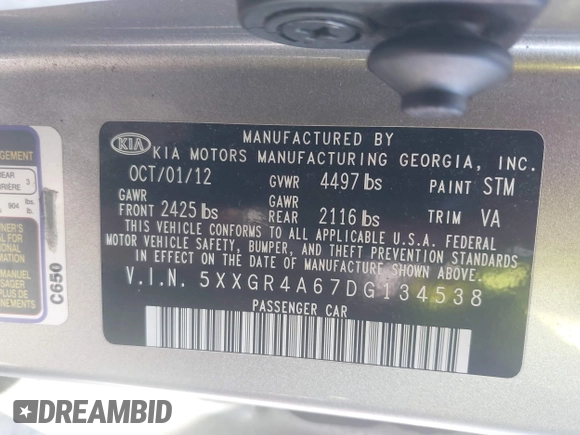 2013 Kia Optima SX with VIN 5XXGR4A67DG134538, listed as a IAAI auction lot 42809002 with 139,585 mi miles and . Bid and sale history available at DreamBid. Image 9.