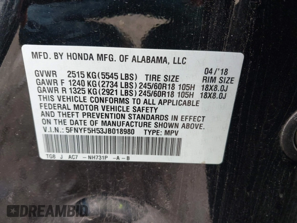 2018 Honda Pilot EX-L с VIN 5FNYF5H53JB018980, выставлен на аукционе IAAI как лот 42217601 с пробегом 137 447 миль миль и . История ставок и продаж доступна на DreamBid. Изображение 9.