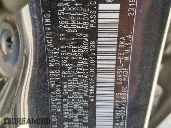2012 Toyota Camry SE with VIN 4T1BK1FK0CU015138, listed as a Copart auction lot 51339995 with 161,632 mi miles and Salvage Title. Bid and sale history available at carsss.com. Image 12.