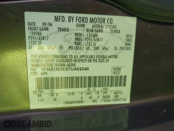2007 Ford Explorer XLT with VIN 1FMEU63E87UA62040, listed as a IAAI auction lot 41013155 with 156,042 mi miles and . Bid and sale history available at DreamBid. Image 9.