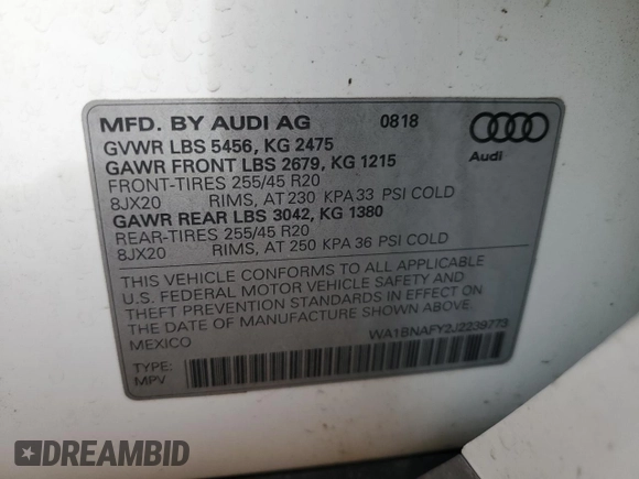 2018 Audi Q5 Premium Plus with VIN WA1BNAFY2J2239773, listed as a Copart auction lot 49991785 with 69,763 mi miles and Salvage Title. Bid and sale history available at carsss.com. Image 13.