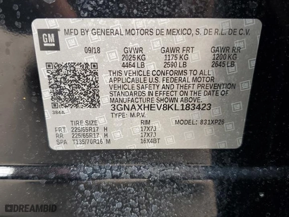2019 Chevrolet Equinox LS with VIN 3GNAXHEV8KL183423, listed as a Copart auction lot 53156945 with 56,685 mi miles and Non Repairable. Bid and sale history available at carsss.com. Image 13.