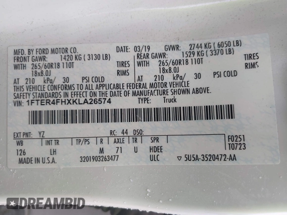 2019 Ford Ranger XL с VIN 1FTER4FHXKLA26574, выставлен на аукционе IAAI как лот 42177408 с пробегом 59 265 миль миль и . История ставок и продаж доступна на DreamBid. Изображение 9.