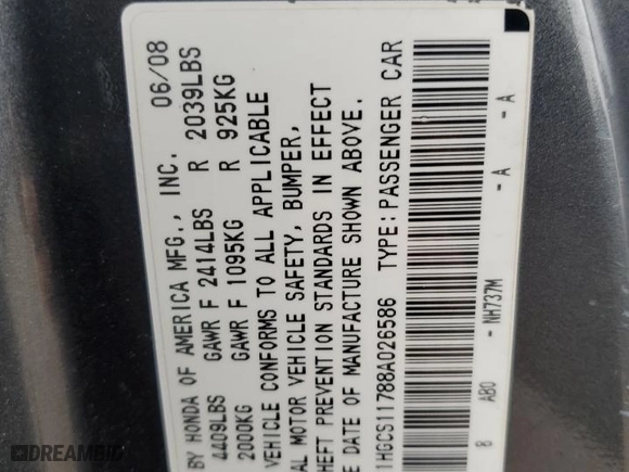 2008 Honda Accord Cpe EX with VIN 1HGCS11788A026586, listed as a Copart auction lot 44839085 with 259,394 mi miles and Non Repairable. Bid and sale history available at carsss.com. Image 12.