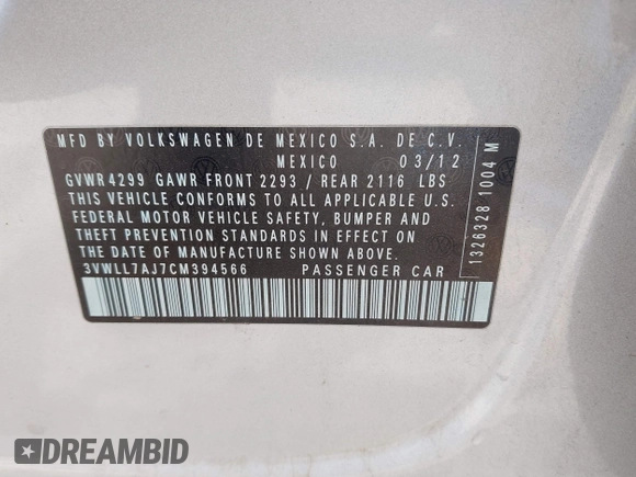 2012 Volkswagen Jetta TDI w/Premium & Nav с VIN 3VWLL7AJ7CM394566, выставлен на аукционе IAAI как лот 42203479 с пробегом 128 070 миль миль и . История ставок и продаж доступна на DreamBid. Изображение 9.