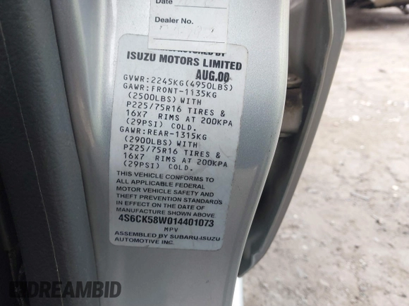2001 Honda Passport LX z VIN 4S6CK58W014401073, wystawiony jako IAAI lot #41380551 z przebiegiem 259 878 mil mil oraz . Historia ofert i sprzedaży dostępna na DreamBid. Obrazek 9.