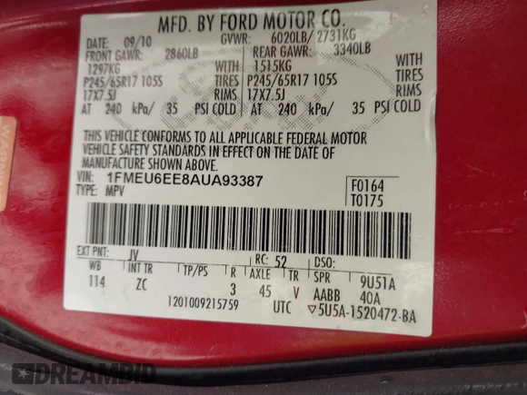 2010 Ford Explorer Eddie Bauer with VIN 1FMEU6EE8AUA93387, listed as a IAAI auction lot 42013826 with 44,256 mi miles and . Bid and sale history available at DreamBid. Image 9.
