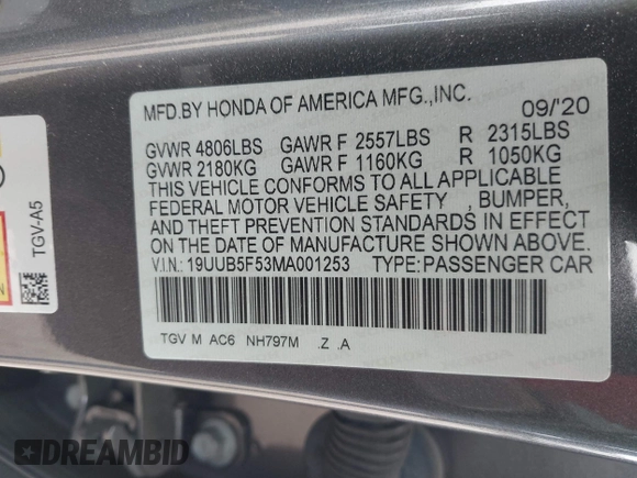 2021 Acura TLX w/A-Spec Package with VIN 19UUB5F53MA001253, listed as a IAAI auction lot 42176656 with 21,698 mi miles. Bid and sale history available at carsss.com. Image 9.
