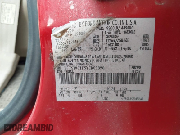 2000 Ford F-350 XL с VIN 1FTSW31F5YEB89898, выставлен на аукционе IAAI как лот 38674510 с пробегом 328 216 миль миль и . История ставок и продаж доступна на DreamBid. Изображение 9.