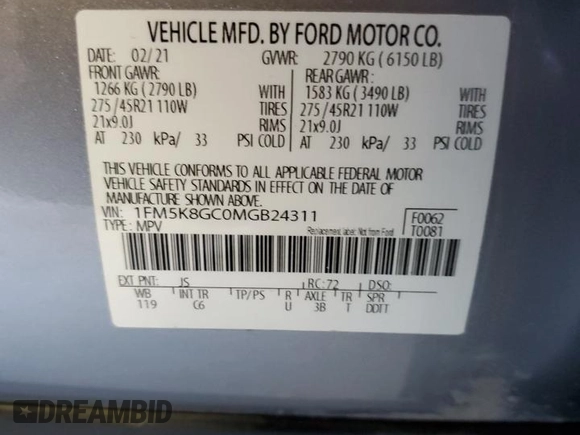 2021 Ford Explorer ST z VIN 1FM5K8GC0MGB24311, wystawiony jako Copart lot #48573704 z przebiegiem 36 213 mil mil oraz Szkoda całkowita • Salvage title. Historia ofert i sprzedaży dostępna na DreamBid. Obrazek 13.