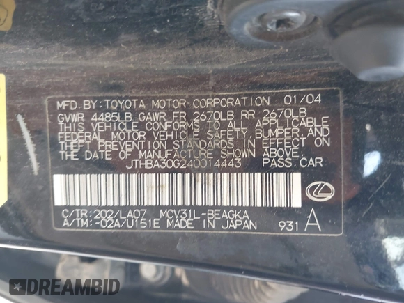 2004 Lexus ES 350 with VIN JTHBA30G240014443, listed as a IAAI auction lot 42256916 with 341,654 mi miles and . Bid and sale history available at DreamBid. Image 9.