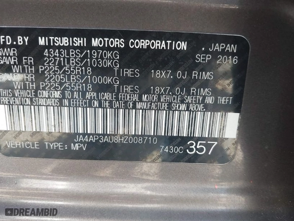 2017 Mitsubishi Outlander Sport ES 2.0 with VIN JA4AP3AU8HZ008710, listed as a IAAI auction lot 41989973 with 160,193 mi miles. Bid and sale history available at carsss.com. Image 9.