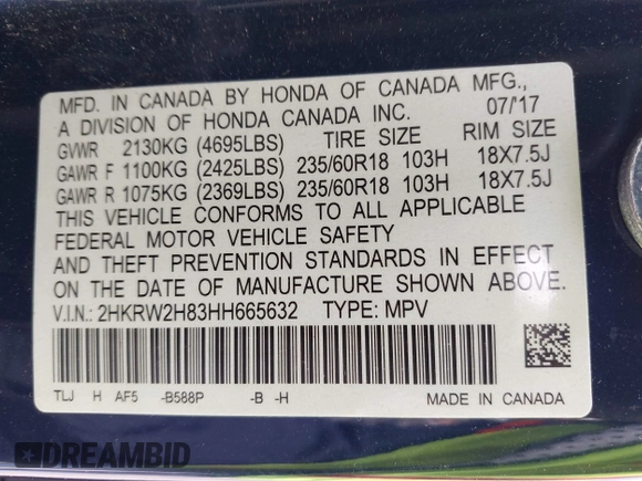 2017 Honda CR-V EX-L with VIN 2HKRW2H83HH665632, listed as a IAAI auction lot 41923536 with 71,382 mi miles. Bid and sale history available at carsss.com. Image 9.
