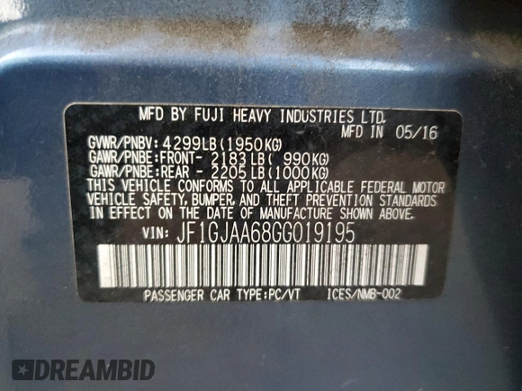 2016 Subaru Impreza z VIN JF1GJAA68GG019195, wystawiony jako Copart lot #79269074 z przebiegiem 122 377 mil mil oraz Szkoda całkowita • Salvage title. Historia ofert i sprzedaży dostępna na DreamBid. Obrazek 14.