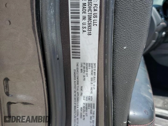 2021 Dodge Durango R/T z VIN 1C4SDHCT0MC693318, wystawiony jako Copart lot #52308065 z przebiegiem 136 331 mil mil oraz Szkoda całkowita • Salvage title. Historia ofert i sprzedaży dostępna na DreamBid. Obrazek 14.