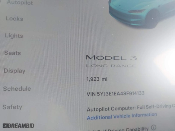 2025 Tesla Model 3 Long Range with VIN 5YJ3E1EA4SF914133, listed as a IAAI auction lot 41706994 with 1,932 mi miles. Bid and sale history available at carsss.com. Image 15.