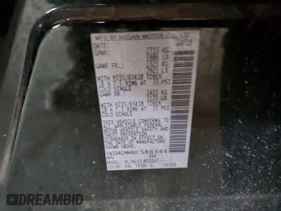 2019 Nissan Pathfinder Platinum with VIN 5N1DR2MM4KC586344, listed as a Copart auction lot 54800025 with 138,879 mi miles and Clean title. Bid and sale history available at DreamBid. Image 12.