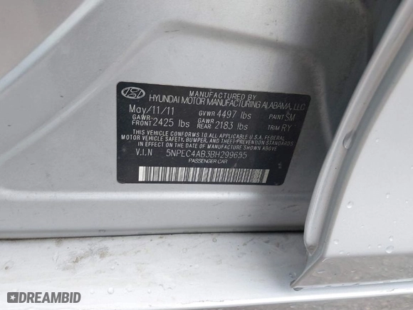2011 Hyundai Sonata SE with VIN 5NPEC4AB3BH299655, listed as a IAAI auction lot 41906358 with 229,133 mi miles. Bid and sale history available at carsss.com. Image 9.