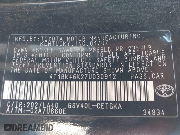 2007 Toyota Camry LE with VIN 4T1BK46K27U030912, listed as a IAAI auction lot 42106302 with 198,655 mi miles and . Bid and sale history available at DreamBid. Image 9.