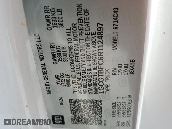 2024 Chevrolet Colorado 4WD Work Truck z VIN 1GCGTBEC6R1124897, wystawiony jako Copart lot #59235665 z przebiegiem 14 521 mil mil oraz Szkoda całkowita • Salvage title. Historia ofert i sprzedaży dostępna na DreamBid. Obrazek 12.