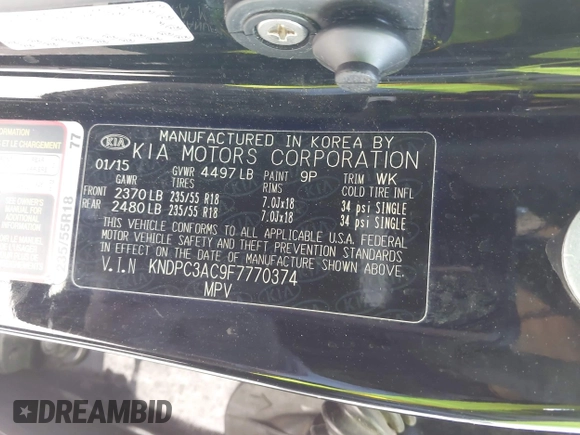 2015 Kia Sportage EX with VIN KNDPC3AC9F7770374, listed as a IAAI auction lot 42542253 with 120,674 mi miles and . Bid and sale history available at DreamBid. Image 9.