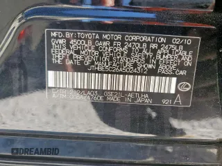 2010 Lexus IS 350 with VIN JTHBE5C26A5024312, listed as a Copart auction lot 58079355 with 165,912 mi miles and Salvage title. Bid and sale history available at DreamBid. Image 12.