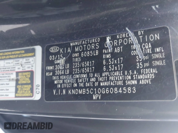 2016 Kia Sedona LX with VIN KNDMB5C10G6084583, listed as a IAAI auction lot 41744644 with 1 mi miles. Bid and sale history available at carsss.com. Image 9.