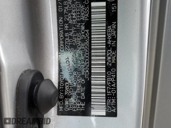2013 Toyota Prius One with VIN JTDKN3DU0D5586264, listed as a Copart auction lot 55072005 with 105,115 mi miles and Salvage Title. Bid and sale history available at DreamBid. Image 12.
