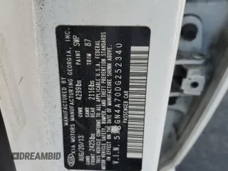 2013 Kia Optima EX with VIN 5XXGN4A70DG252340, listed as a Copart auction lot 58091195 with Not provided miles and Salvage title. Bid and sale history available at DreamBid. Image 12.