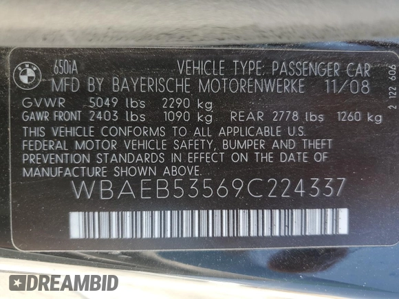 2009 BMW 6 Series 650i with VIN WBAEB53569C224337, listed as a Copart auction lot 68148974 with 75,057 mi miles and Salvage Title. Bid and sale history available at carsss.com. Image 14.