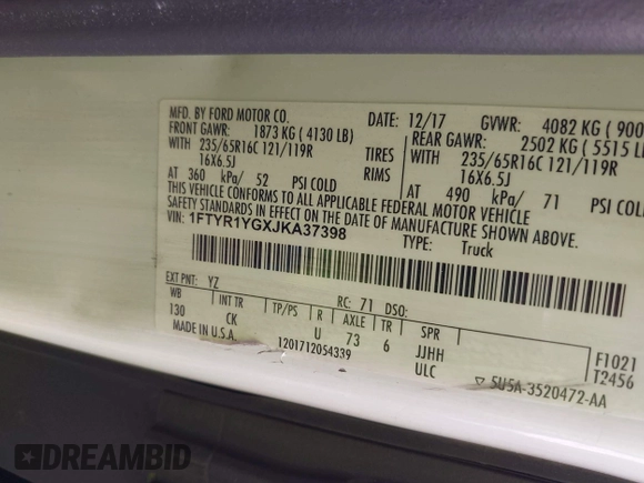 2018 Ford Transit with VIN 1FTYR1YGXJKA37398, listed as a IAAI auction lot 42073096 with 82,140 mi miles and . Bid and sale history available at DreamBid. Image 9.