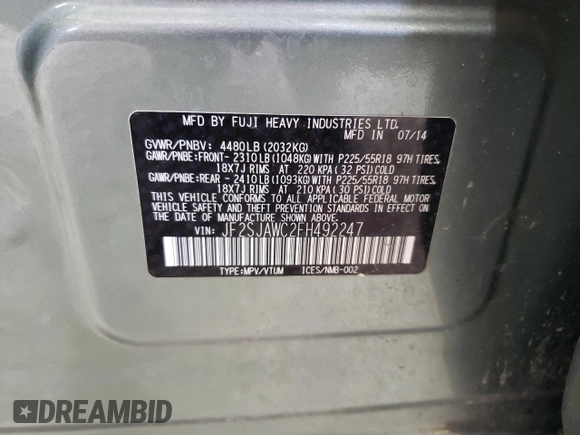 2015 Subaru Forester Touring with VIN JF2SJAWC2FH492247, listed as a Copart auction lot 46932575 with 116,077 mi miles and Salvage title. Bid and sale history available at DreamBid. Image 13.