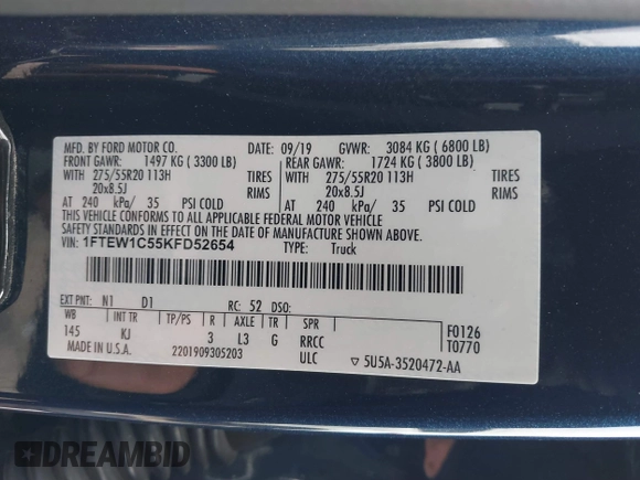 2019 Ford F-150 XL z VIN 1FTEW1C55KFD52654, wystawiony jako IAAI lot #41641091 z przebiegiem 110 107 mil mil oraz . Historia ofert i sprzedaży dostępna na DreamBid. Obrazek 9.