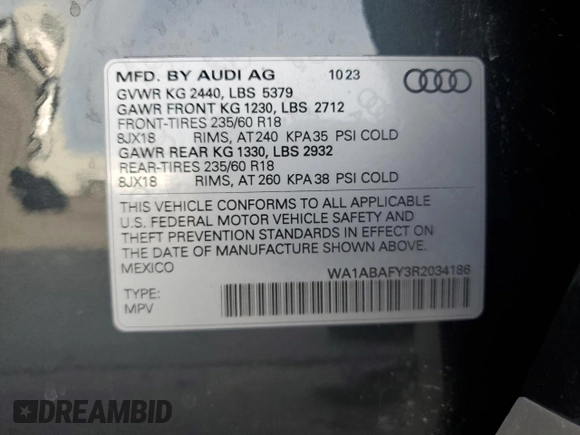 2024 Audi Q5 Premium with VIN WA1ABAFY3R2034186, listed as a Copart auction lot 49849865 with 8,850 mi miles and Salvage Title. Bid and sale history available at carsss.com. Image 14.