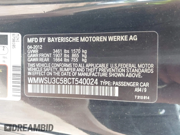 2012 MINI Hardtop with VIN WMWSU3C58CT540024, listed as a IAAI auction lot 42365569 with 103,274 mi miles and . Bid and sale history available at DreamBid. Image 9.