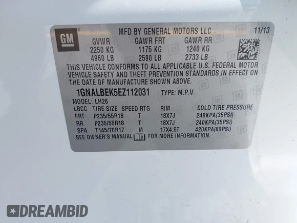 2014 Chevrolet Equinox LT with VIN 1GNALBEK5EZ112031, listed as a IAAI auction lot 42131686 with 158,942 mi miles. Bid and sale history available at carsss.com. Image 9.