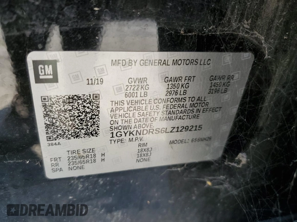 2020 Cadillac XT5 Premium Luxury AWD with VIN 1GYKNDRS6LZ129215, listed as a Copart auction lot 60238685 with 128,310 mi miles and Clean title. Bid and sale history available at DreamBid. Image 12.