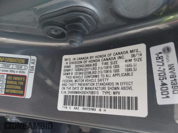 2014 Honda CR-V LX with VIN 2HKRM4H35EH708515, listed as a IAAI auction lot 41610244 with Not Provided miles. Bid and sale history available at carsss.com. Image 9.