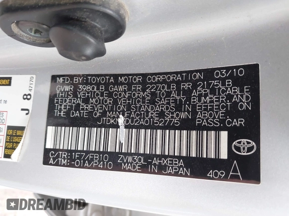 2010 Toyota Prius II with VIN JTDKN3DU2A0152775, listed as a IAAI auction lot 42047386 with 172,994 mi miles and . Bid and sale history available at DreamBid. Image 9.