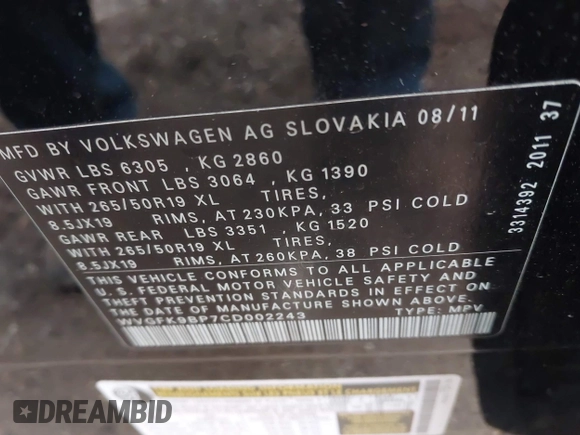 2012 Volkswagen Touareg Sport with VIN WVGFK9BP7CD002243, listed as a IAAI auction lot 41863765 with 136,231 mi miles and . Bid and sale history available at DreamBid. Image 9.