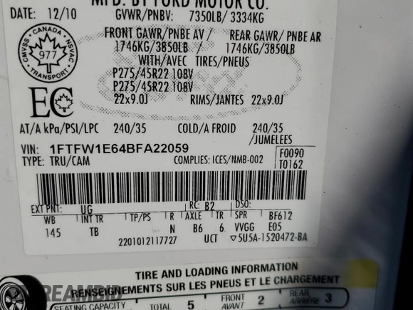 2011 Ford F-150 Lariat with VIN 1FTFW1E64BFA22059, listed as a Copart auction lot 88934345 with 0 mi miles and Salvage Title. Bid and sale history available at carsss.com. Image 13.